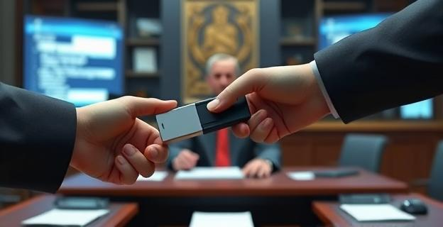 Una escena mostrando un pendrive siendo entregado a un juez en un despacho judicial, con un fondo de documentos y pantallas de computadora con correos electrónicos.