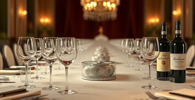 Una mesa de gala con copas de vino y etiquetas de diferentes bodegas andaluzas, con un ambiente elegante y sofisticado.