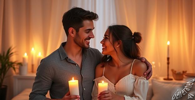 Una pareja joven y feliz en una habitación con velas encendidas, practicando técnicas sexuales sin penetración.