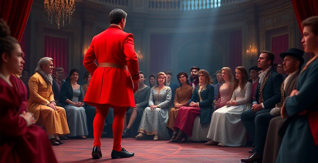 Escenario teatral de la commedia dell’arte con un personaje vestido de rojo brillante, pantalones de tela, y un público en atuendos de época, sin rostros revelados, estilo barroco