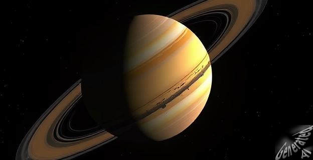 Una ilustración de la atmósfera de Saturno con una estructura en forma de estrella en la estratosfera y cuentas oscuras en la ionosfera.