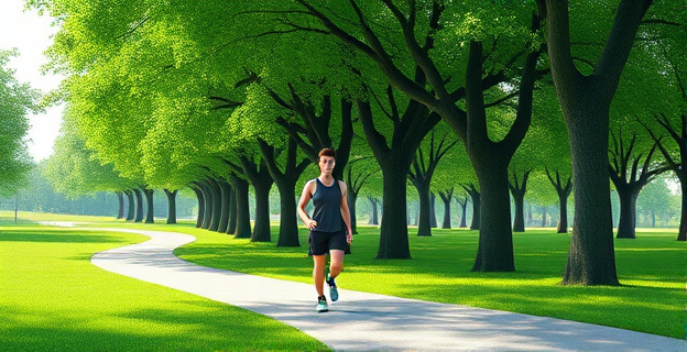 Una persona caminando sola en un parque verde y luminoso, con árboles altos y un camino serpenteante. La persona viste ropa deportiva y camina con determinación, mirando al frente.