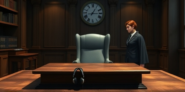 Una sala de audiencias en un tribunal, con una mesa de madera desgastada, una silla de juez de color gris oscuro, un par de audífonos colgados sobre una mesa, una figura de un hombre con traje y una mujer con bata judicial, ambos con expresiones tensas, sin rostros identificables, fondo con estantes de libros y un gran reloj de pared que marca la hora, todo iluminado por una luz tenue que crea sombras dramáticas.