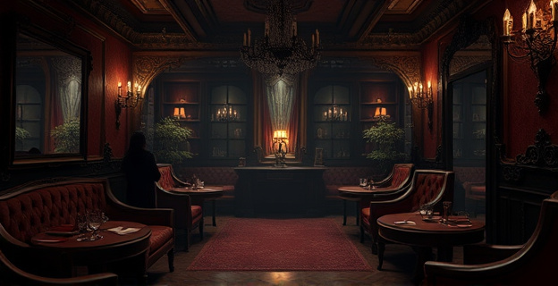 Una escena oscura y sórdida de un prostíbulo en Madrid, con habitaciones lujosas pero sórdidas, y un ambiente de corrupción y abuso.