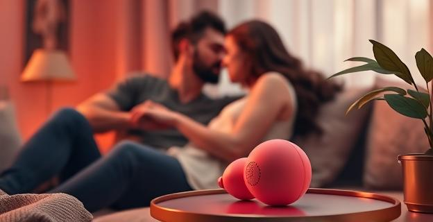 Imagen de una pareja en un ambiente íntimo y relajado con un juguete sexual de forma de melocotón en una mesa auxiliar, con un ambiente suave y acogedor