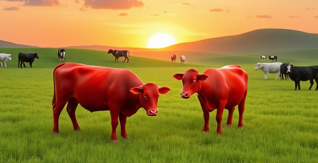 Un paisaje rural con vacas rojas pastando en un prado verde, contrastando con algunas vacas blancas y negras al fondo, mientras el sol se pone detrás de las colinas.