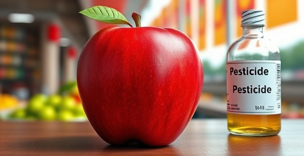 Una imagen que contraste una manzana roja brillante y apetitosa con una imagen borrosa de un pesticida en un frasco de laboratorio, con un fondo que sugiera un mercado de frutas y una frontera entre dos países.