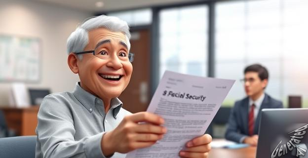 Un hombre de 60 años sonriendo mientras recibe un documento importante de manos de un funcionario de la Seguridad Social, con un fondo de una oficina pública.