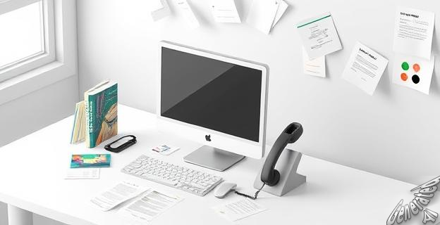 Oficina con un ordenador y un teléfono, con papeles y documentos esparcidos alrededor, simbolizando un entorno laboral