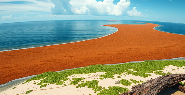 Una vasta franja marrón cruza el océano Atlántico, visible desde el espacio, con tonos terrosos y vegetales, representando el sargazo acumulado. En primer plano, costa caribeña afectada con algas en la orilla, arena y rocas cubiertas de materia vegetal en descomposición, bajo un cielo parcialmente nublado.