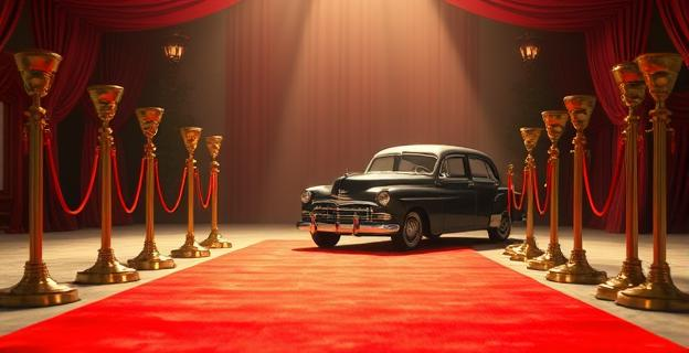 Una alfombra roja en una ceremonia de premios con una limusina al fondo y un coche antiguo aparcado cerca, simbolizando el intento de secuestro y la glamour de los premios