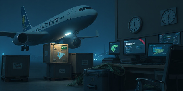 
  Una escena surrealista en un aeropuerto nocturno: un avión de carga de Plus Ultra (con la bandera española desgastada) descarga cajas etiquetadas como 