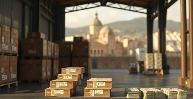 Una escena que muestra un almacén con paquetes de cocaína y dinero en efectivo, con un fondo de una ciudad española como Valladolid, sin incluir personas ni nombres propios.