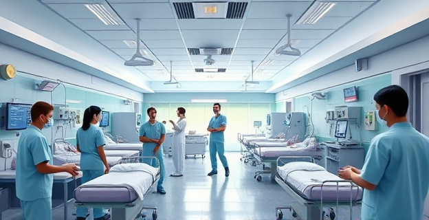 Imagen de un centro sanitario con personal médico atendiendo a pacientes en una sala de urgencias con una atmósfera de tensión y sobrecarga de trabajo