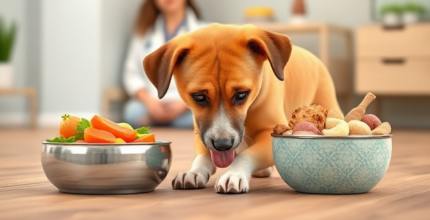 Imagen conceptual de un perro lamiendo el suelo con expresión de malestar, junto a un plato de comida saludable y otro de comida procesada, con un veterinario al fondo observando.