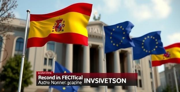 Imagen de un edificio gubernamental español con banderas de España y la Unión Europea ondeando en primer plano, y un titular de prensa en el fondo con referencias a investigación política