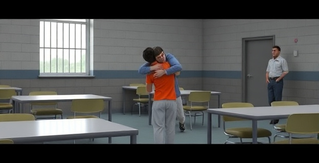 Una sala de visitas en una cárcel, con mesas y sillas, y una ventana con barrotes. Un recluso y su familiar se abrazan, mientras un guardia observa desde la distancia.