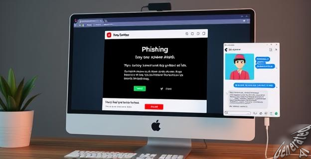Una imagen de una pantalla de computadora con un email de phishing y un código de verificación falso, junto con una ventana de chat con un atacante cibernético.