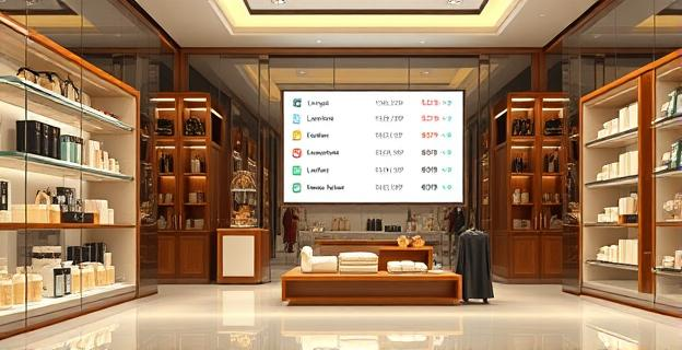 Imagen de una tienda de lujo con productos de alta gama y una pantalla mostrando precios diferenciados para distintos clientes