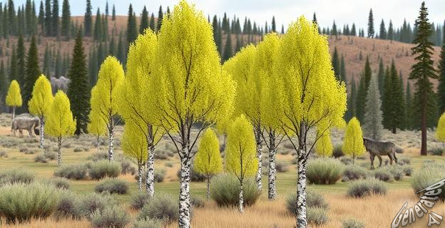Un paisaje del Parque Nacional de Yellowstone con álamos temblones jóvenes y saludables creciendo en una zona que antes estaba vacía de árboles, con lobos grises en el fondo.