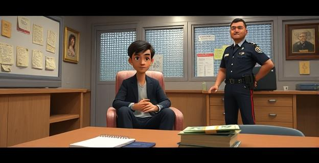 Una escena de una comisaría de policía con un joven sentado en una silla y un policía de pie junto a él, con una libreta bancaria y dinero en efectivo sobre una mesa.