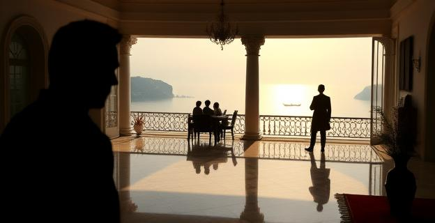 Imagen de una mansión lujosa en Grecia con un tutor sospechoso rondando alrededor, mientras al fondo se ve la silueta de una familia en una terraza con vistas al mar.