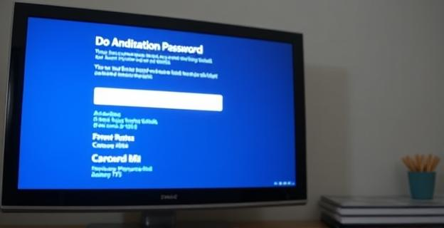Una pantalla de televisión mostrando un ordenador con una contraseña parcialmente visible en la pantalla