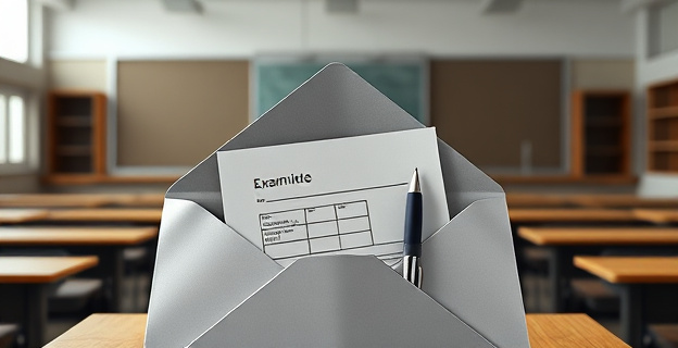 Una imagen que represente un sobre con un examen de oposiciones abierto y un bolígrafo encima, con un fondo de un aula vacía y un ambiente de seriedad y sospecha.