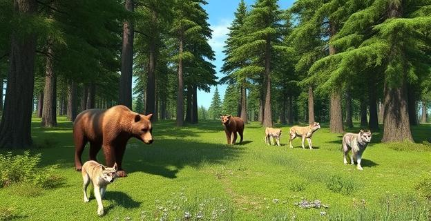 Imagen de una zona boscosa con fauna silvestre como lobos, osos y linces en un entorno natural exuberante y sin presencia humana, con un cielo azul claro al fondo