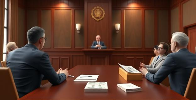 Una sala judicial con un juez y testigos declarando, con documentos y sobres de dinero en la mesa