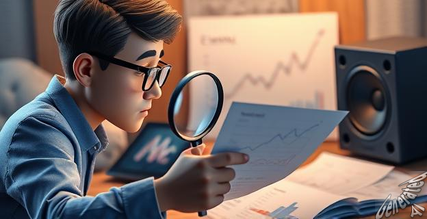 Una imagen de una persona analizando gráficos económicos con una lupa, rodeada de papeles con ecuaciones y un altavoz con música de fondo.
