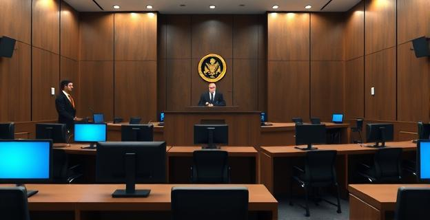 Imagen de una sala de justicia moderna con fiscales trabajando en ordenadores y un juez de garantías supervisando