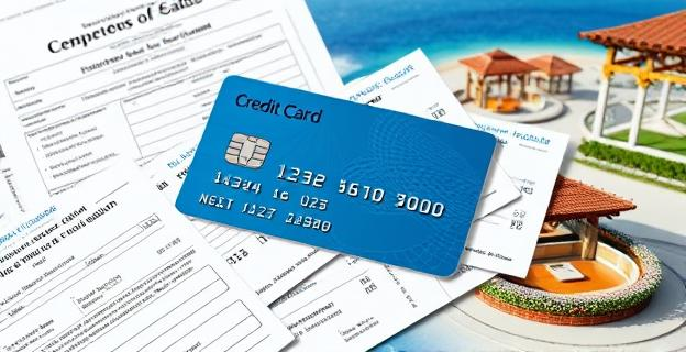 Una tarjeta de crédito con varios recibos de pago alrededor, con un fondo de documentos judiciales y una imagen de una isla turística como Ibiza o Tenerife