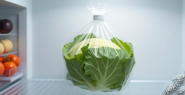 Una bolsa de plástico con una lechuga dentro, cerrada con un cuello de botella de plástico a modo de clip, en el frigorífico
