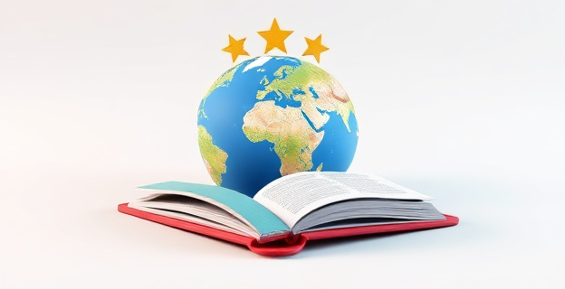 Una imagen que refleje la conexión entre Cataluña y el mundo, con elementos que simbolizan la lengua catalana y la educación, como un globo terráqueo centrado en Europa y un libro de texto abierto con texto en catalán.