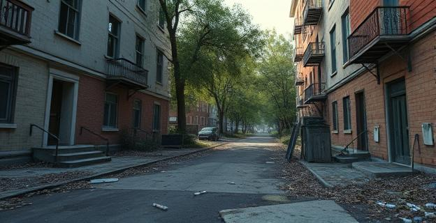 Un barrio deteriorado con parques abandonados y portales deteriorados, con jeringuillas en el suelo y un ambiente de tensión en las calles