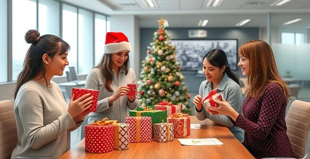 Oficina con compañeros intercambiando regalos navideños con envolturas creativas y decoraciones festivas, manteniendo un ambiente profesional y alegre.