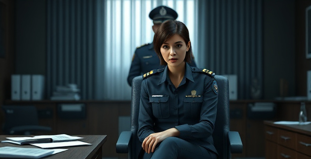 Una inspectora de policía sentada en una silla, con expresión de shock y consternación, mientras un comisario de policía con uniforme está al fondo, con una sombra que lo envuelve. La escena está en un despacho oficial con papeles y documentos esparcidos por la mesa.