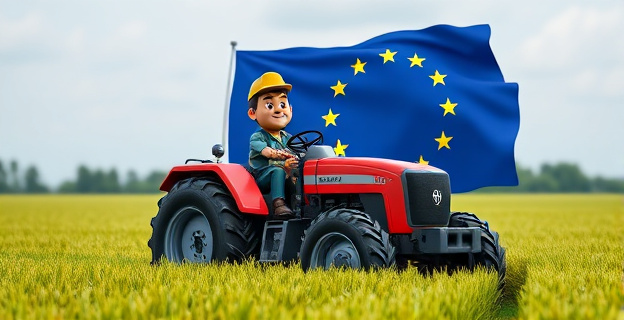 Imagen de un tractor en un campo de cultivo con un fondo de la bandera de la Unión Europea ondeando. Un agricultor está sentado en el tractor, con una expresión de determinación.