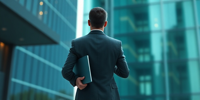Un hombre de negocios de espaldas, con un edificio de oficinas detrás, y un portafolio en la mano