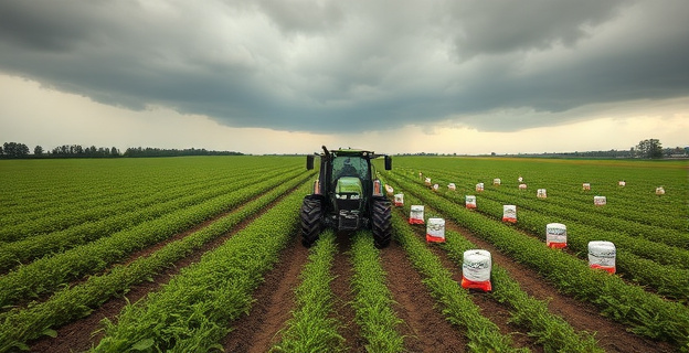 Imagen de un campo de cultivo con un tractor en el centro, rodeado de sacos de fertilizantes y un cielo gris con nubes de tormenta al fondo, simbolizando la tensión entre la productividad agrícola y las restricciones medioambientales.