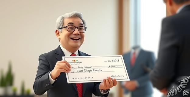 Un político sonriente recibe un cheque de una funcionaria de Hacienda