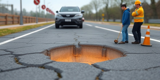 Una carretera con grietas y baches, con un coche pasando por encima, y un trabajador de mantenimiento observando la escena