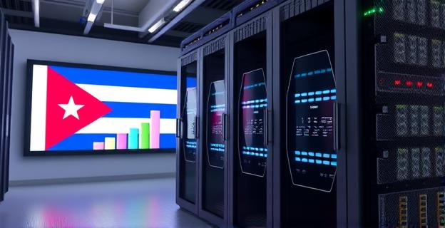 Imagen de un centro de datos moderno con servidores y equipos de red en Cuba, con un fondo de una pantalla mostrando la bandera cubana y un gráfico de barras representando el avance digital