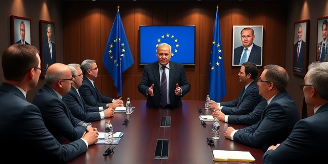 Una sala de conferencias europea, decorada con la bandera de la Unión Europea y carteles de política. Delegados en trajes oscuros discuten en voz baja, mientras un hombre en el centro gesticula con las manos al comparar dos figuras políticas. La iluminación es tenue, resaltando los rostros concentrados y la tensión palpable.