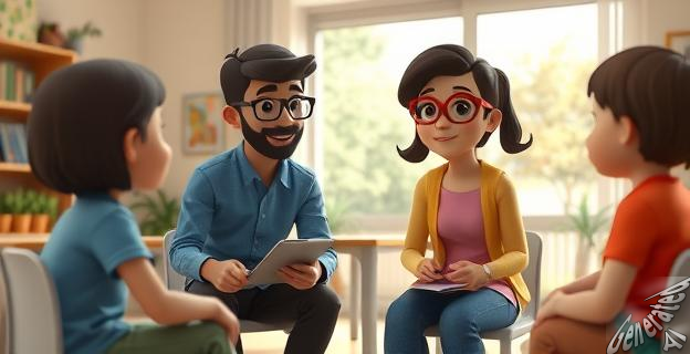 Una familia con niños en un entorno escolar privado en un municipio de las afueras de Madrid.