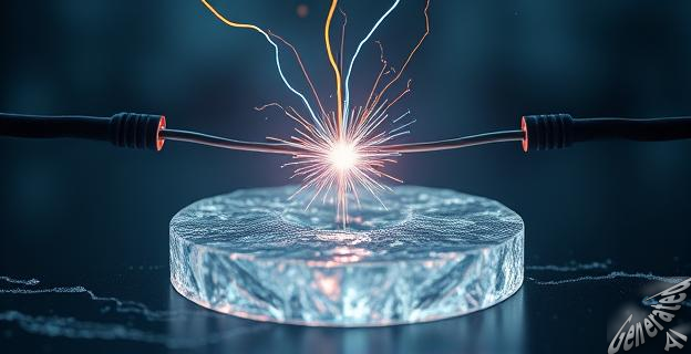 Una placa de hielo se dobla entre dos electrodos en un laboratorio, generando una chispa eléctrica en un entorno frío y oscuro.