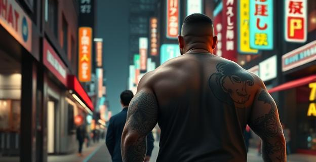 Imagen de un hombre corpulento y tatuado caminando junto a una persona en un entorno urbano, con un fondo de neón representando la ciudad japonesa