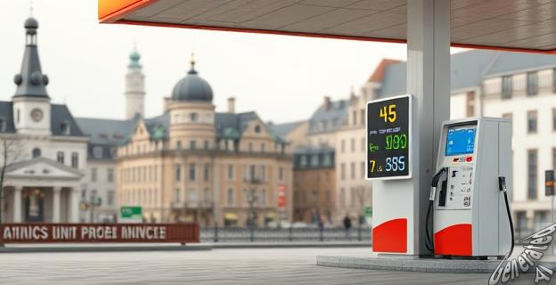 Una estación de servicio con un surtidor de gasolina y un cartel mostrando un precio elevado, con un fondo de una ciudad europea con edificios históricos y modernos.