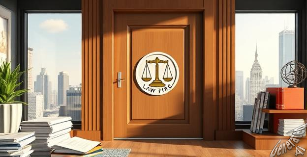 Un despacho de abogados con un logo en la puerta, rodeado de papeles y expedientes, con una ciudad al fondo.
